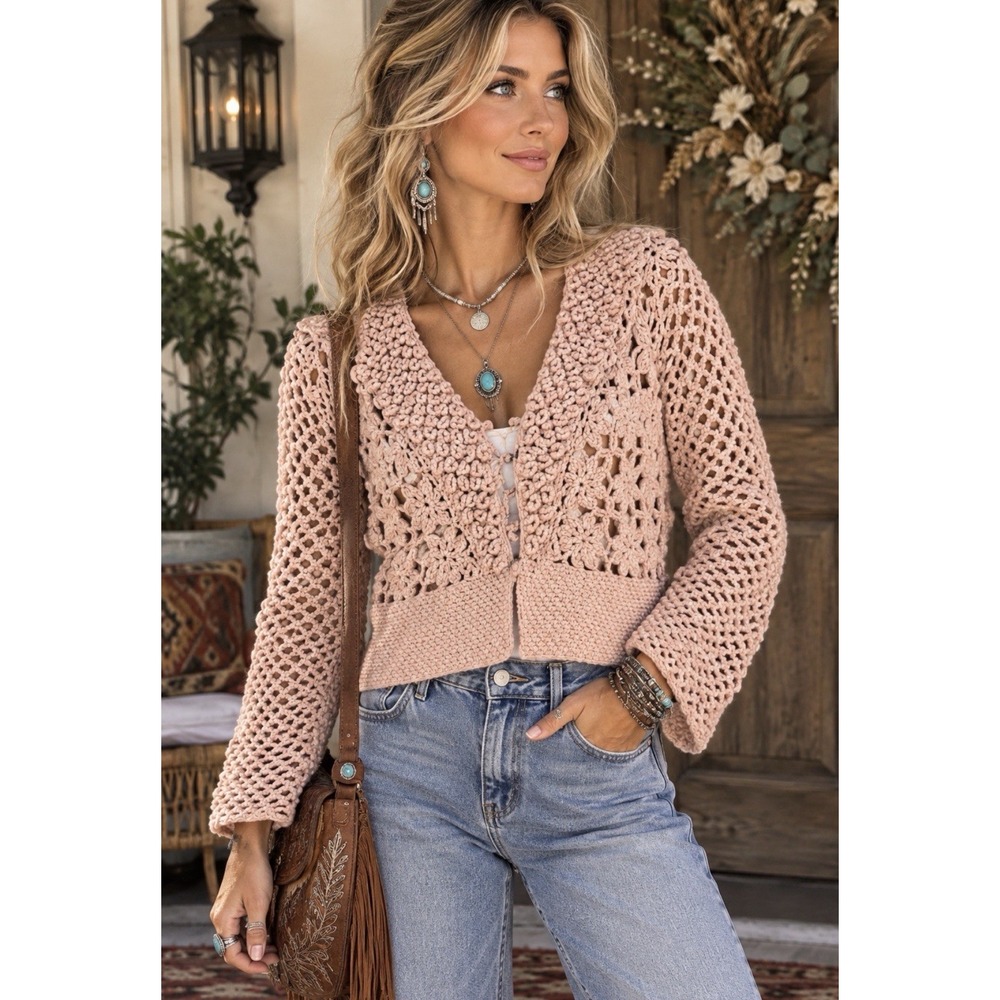 NINE & CO Women's Lt Pink Crochet Cardigan Sz XL Y2k Sweater
